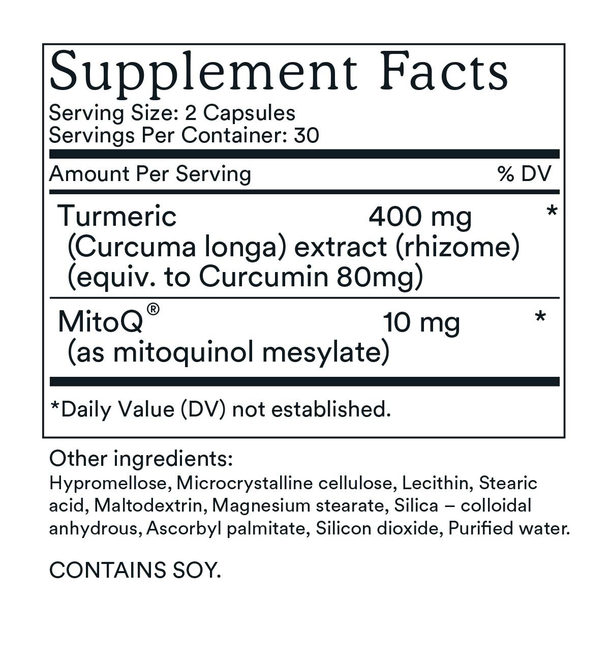 Supplement Facts label for MitoQ curcumin